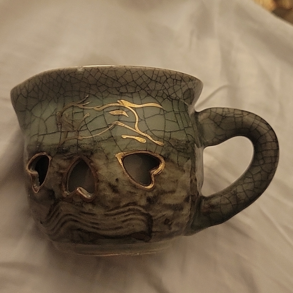 Somayaki Tea Cup Creamer Double Walled Heart Soma Horse Crackle Glaze Japan